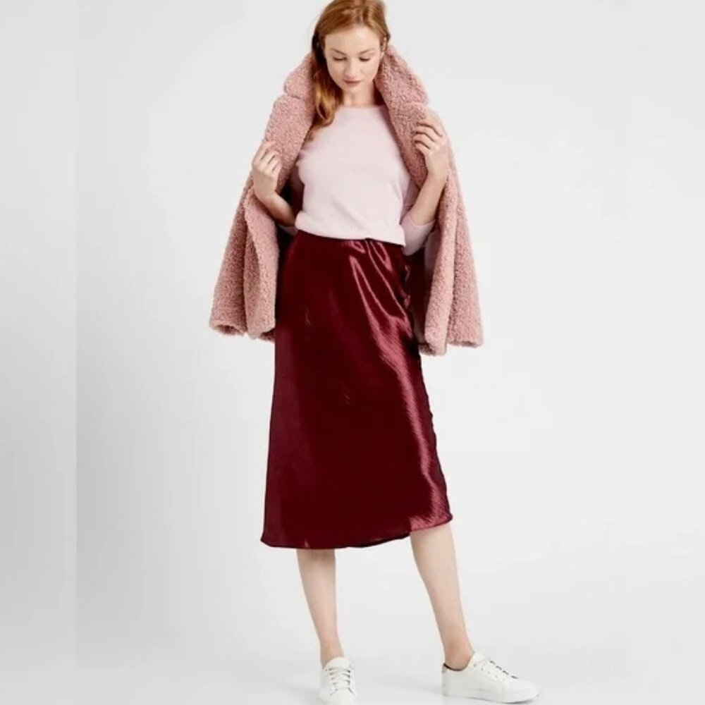 Banana Republic Wine Satin Midi Slip Skirt Size S